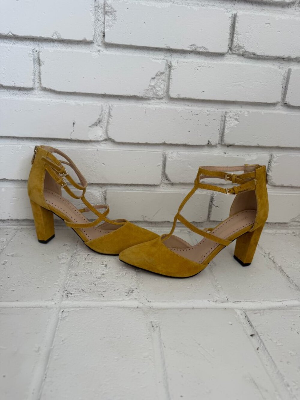 Adrienne Vittadini Mustard Suede T-Strap Pointed-Toe Pumps